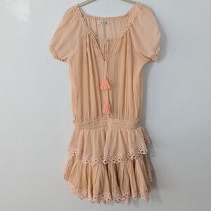 LoveShackFancy Gauzy Tie Neck Tiered Mini Dress Eyelet Tassel Orange Medium M